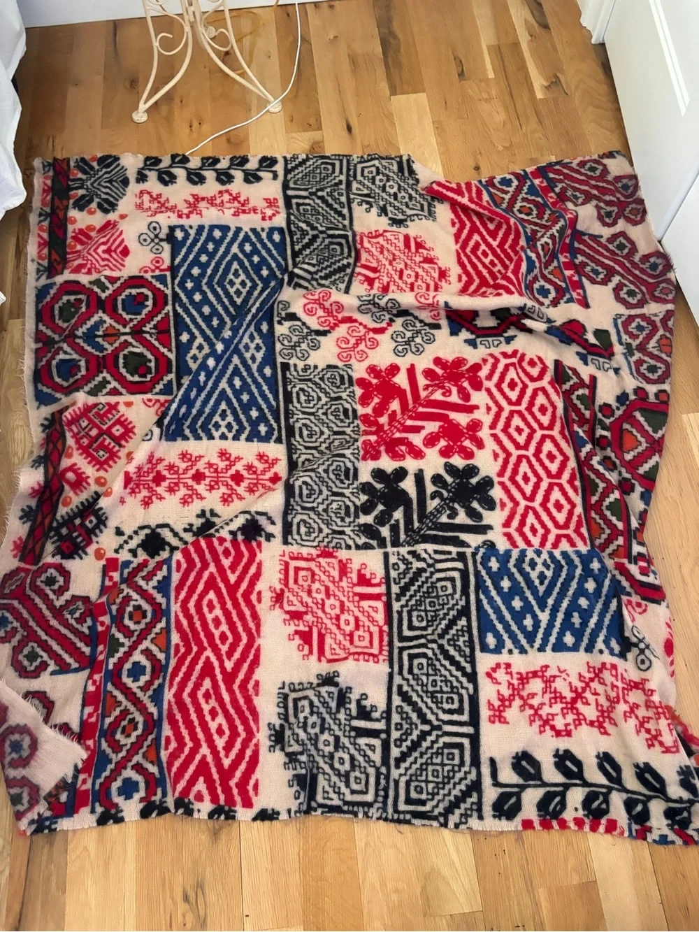 Anthropologie Scarf Boho Pattern Geometric Tribal Multicolor Red Patchwork Blue